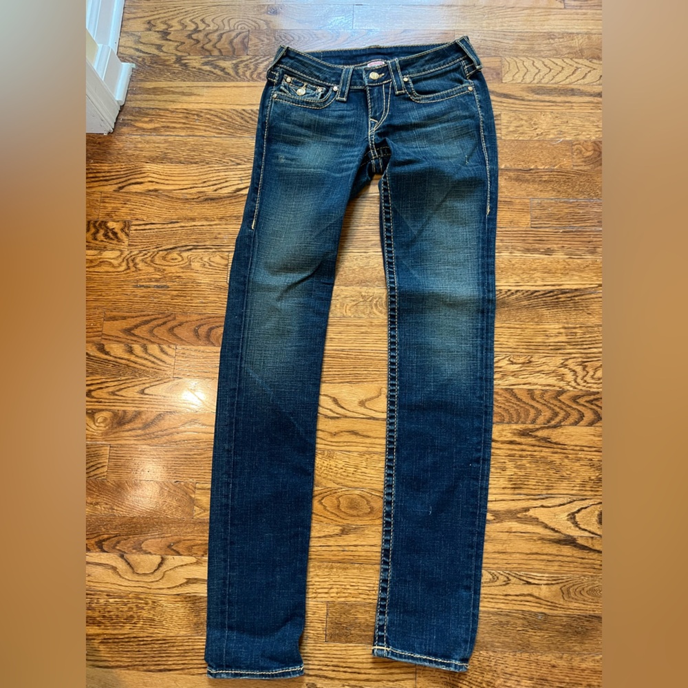 True Religion Blue Straight Leg Jeans Brown Swarovski Buttons worn once